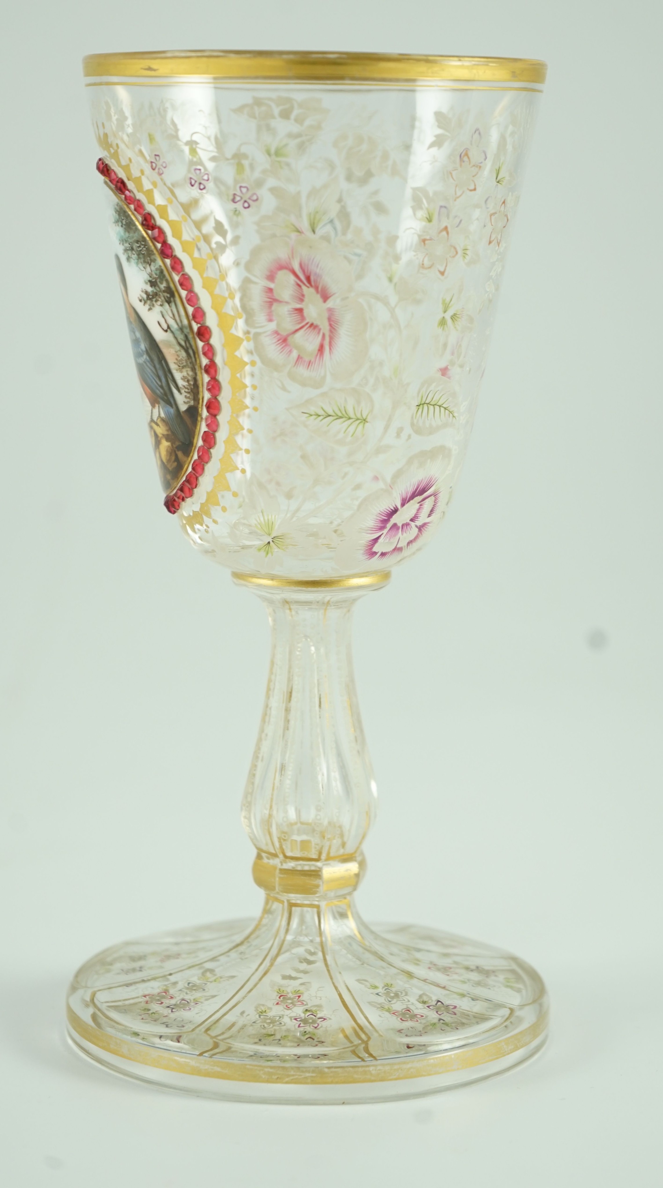 A Bohemian enamelled glass ‘Kingfisher’ goblet, late 19th century, 19.5 cm high